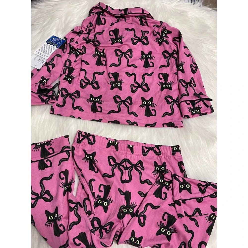 Pink Tahari Girl Toddler Pajama Set Black Cat Ribbon Bow With Bow Ties Down 2T
